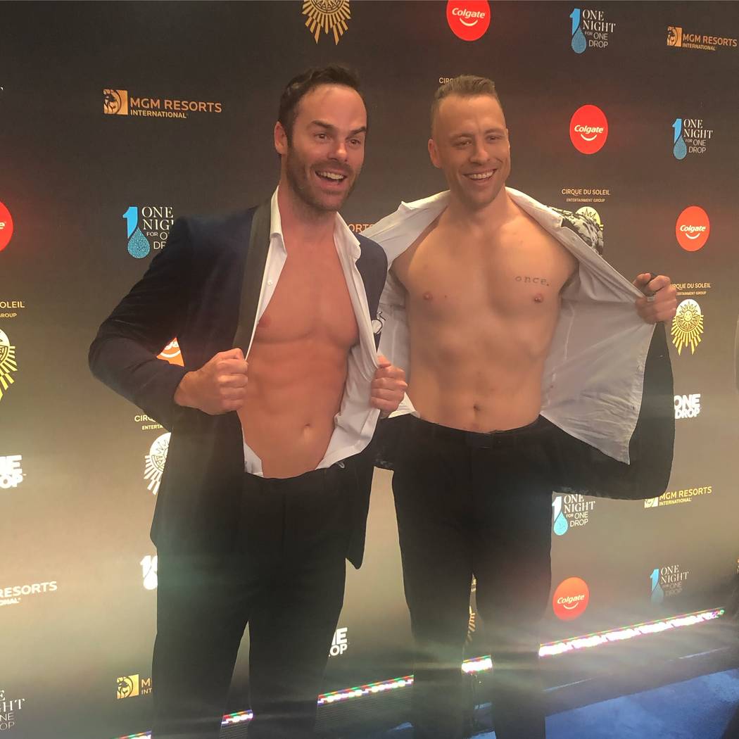 MGM Grand headliners the Naked Magicians (Mike Tyler, left, and Christopher Wayne) are shown on the Blue Carpet prior to "One Night For One Drop," held at O Theater at the Bellagio on Friday, Marc ...