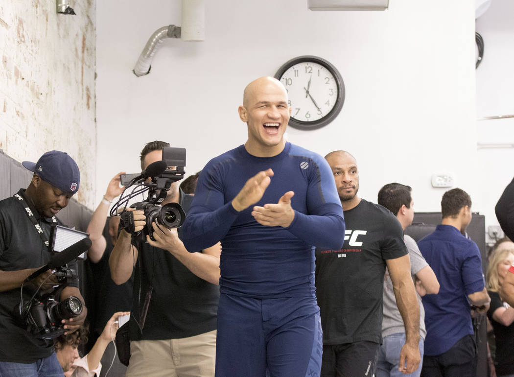 UFC heavyweight Junior dos Santos reacts to fans chanting his name during the UFC 211 open workouts at the Mohler MMA gym in Dallas, Texas, on Thursday, May 11, 2017. Heidi Fang/Las Vegas Review-J ...
