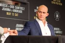 Junior dos Santos shows emotion during the UFC 211 post-fight press conference after being knocked out by UFC heavyweight champion Stipe Miocic at the American Airlines Center in Dallas, Texas, on ...