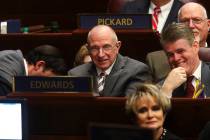 State Sen. Joseph Hardy, R-Boulder City, center, during Nevada Gov. Brian Sandoval's final State of the State address at the Legislative Building in Carson City on Tuesday, Jan. 17, 2017. (Chase S ...