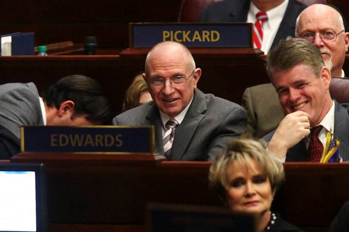 State Sen. Joseph Hardy, R-Boulder City, center, during Nevada Gov. Brian Sandoval's final State of the State address at the Legislative Building in Carson City on Tuesday, Jan. 17, 2017. (Chase S ...