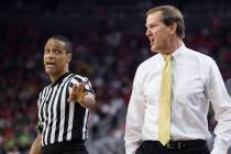 Oregon Ducks head coach Dana Altman reacts during a play against Arizona Wildcats in an NCAA college basketball game for the Pac-12 tournament championship at T-Mobile Arena Saturday, March 11, 20 ...