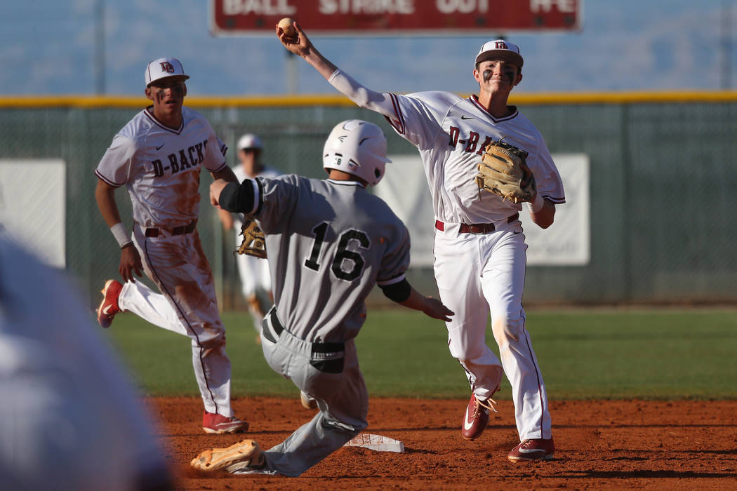 Desert Oasis' Colby Smith (10) throws the ball to first base for a double play after beating Palo Verde's Noah Carabajal (16) to second base in the baseball game at Desert Oasis High School in Las ...