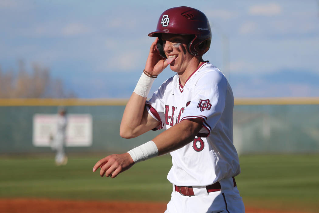 Desert Oasis' Zac Czerniawski (8) reacts after a single hit against Palo Verde in the baseball game at Desert Oasis High School in Las Vegas, Tuesday, March 12, 2019. Erik Verduzco Las Vegas Revie ...