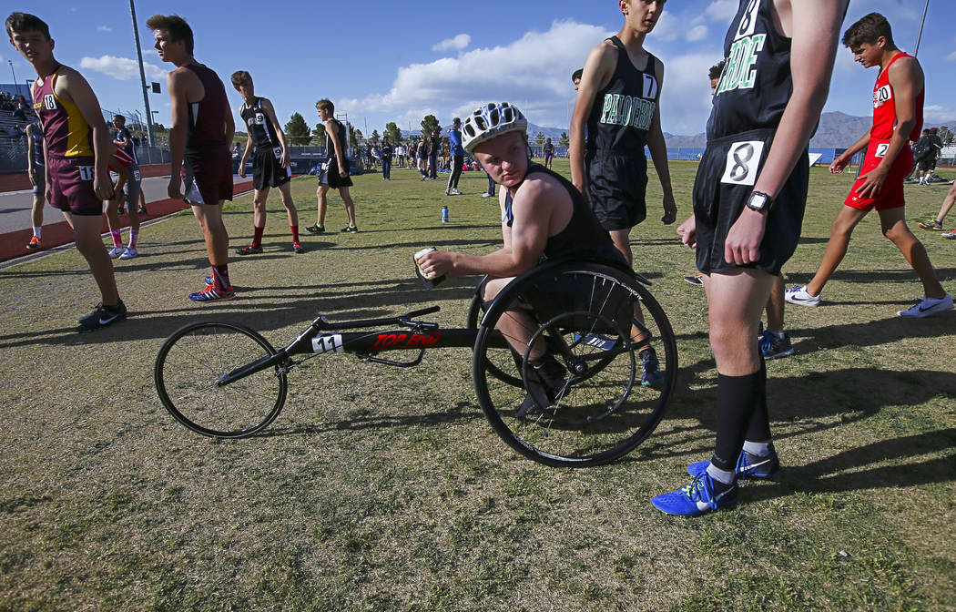 Palo Verde's Ben Slighting, who competes in a wheelchair, gets ready for the 1600-meter run during a track and field meet at Centennial High School in Las Vegas on Friday, April 28, 2017. Chase St ...
