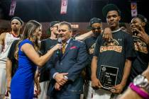 New Mexico State Aggies head coach Chris Jans is interviewed after winning the WAC final game at the Orleans Arena in Las Vegas on Saturday, March 10, 2018. Patrick Connolly Las Vegas Review-Jour ...