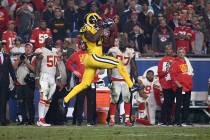 Los Angeles Rams free safety Lamarcus Joyner intercept a pass against the Kansas City Chiefs in the final minute an NFL football game, Monday, Nov. 19, 2018, in Los Angeles. The Rams won 54-51. (A ...