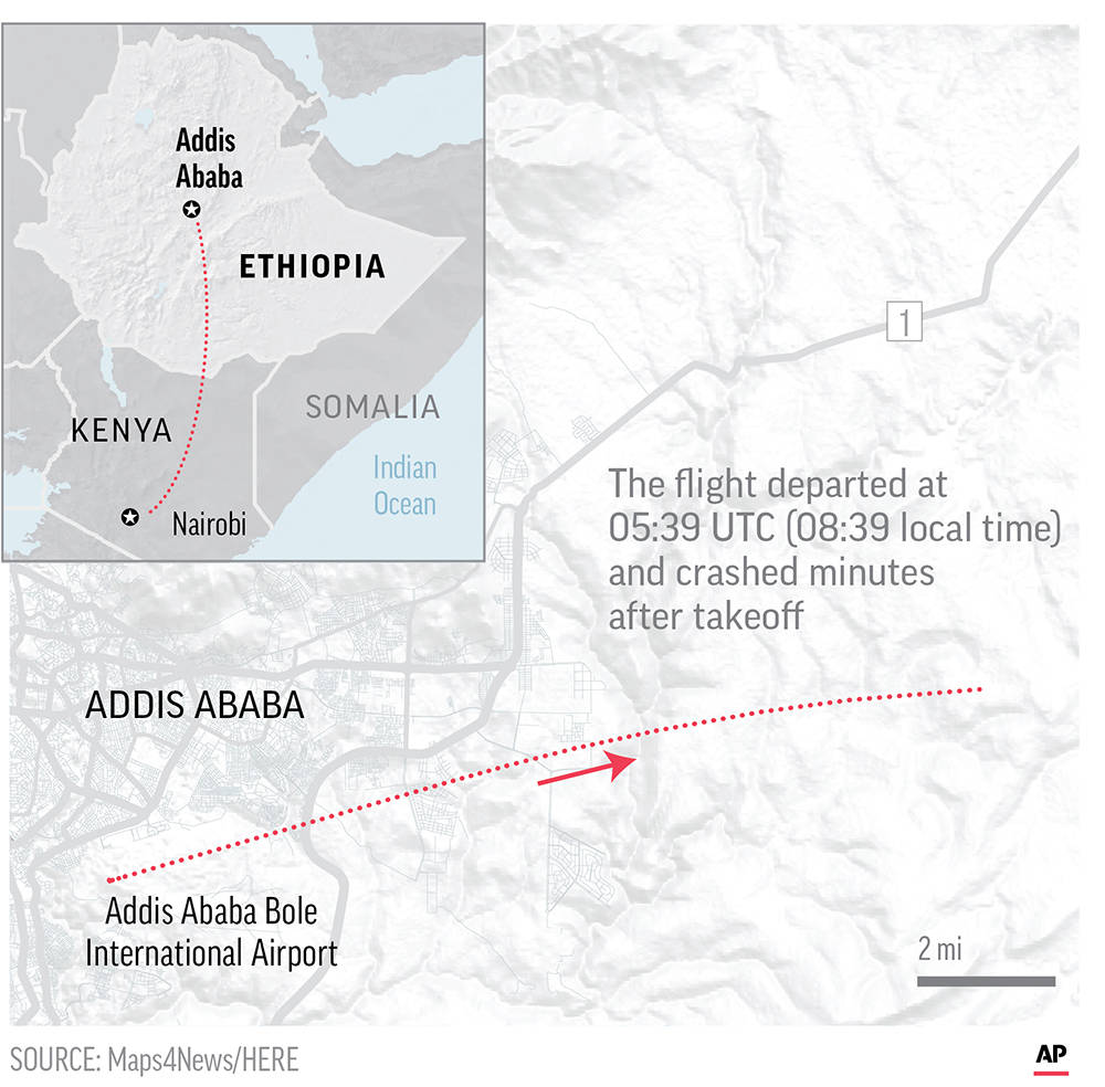 Map shows path of Ethiopian Airlines Flight 302.;