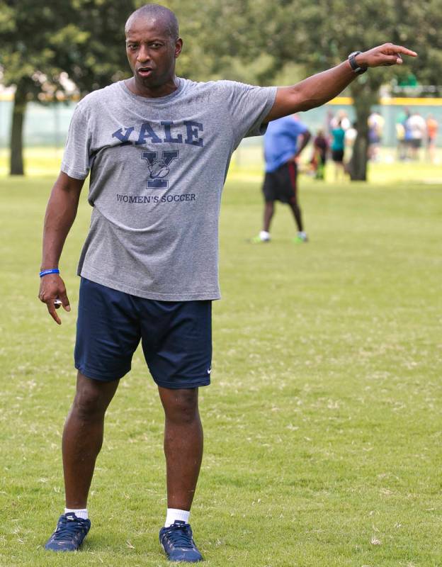 Yale's women's head soccer Coach Rudy Meredith gives pointers to players during a scrimmage in Ocala, Fla., September 2016. According to the federal indictments unsealed Tuesday, March 12, 2019, f ...