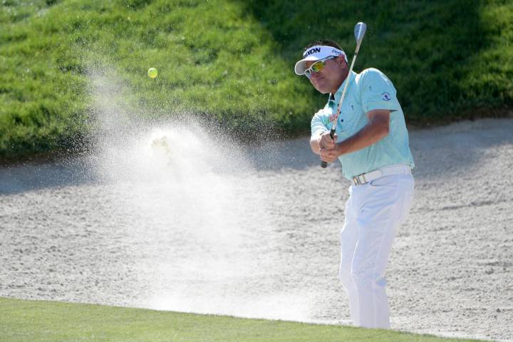 Robert Gamez hits from a bunker onto the 18th green during the first round of the Arnold Palmer Invitational golf tournament at Bay Hill, Thursday, March 7, 2019, in Orlando, Fla. (AP Photo/Phelan ...