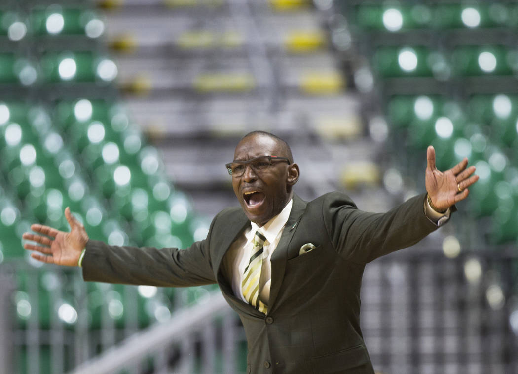 Chicago State head coach Lance Irvin argues a call during the Cougars opening round Western Athletic Conference tournament game with New Mexico State on Thursday, March 14, 2019, at Orleans Arena, ...