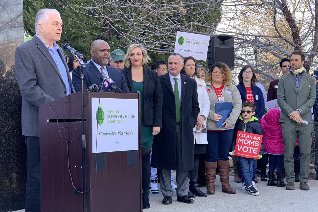 Gov. Steve Sisolak announced Tuesday, March 12, 2019, that Nevada will join the U.S. Climate Alliance, supporting further efforts to reduce carbon emissions. Next to him, from left, are Assembly S ...