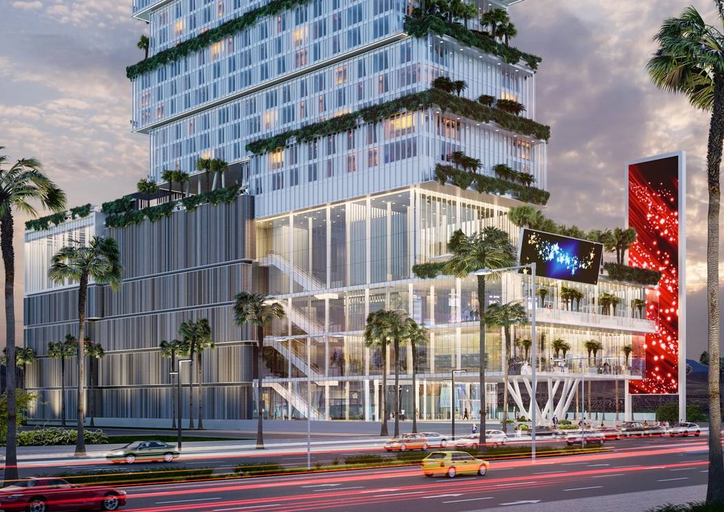 Israeli hotelier Asher Gabay plans to build a 34-story resort, a rendering of which is seen here, on the south Strip across from Mandalay Bay. (Courtesy Astral Hotels)