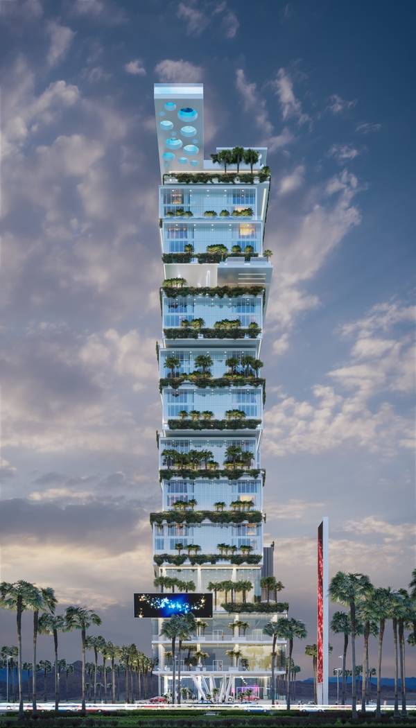 Israeli hotelier Asher Gabay plans to build a 34-story resort, a rendering of which is seen here, on the south Strip across from Mandalay Bay. (Courtesy Astral Hotels)