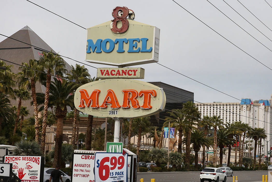 Motel 8 sign is seen on the Strip on Friday, March 1, 2019, in Las Vegas. The Motel 8's landlord wants to bulldoze the building and build a hotel-casino. (Bizuayehu Tesfaye Las Vegas Review-Journa ...