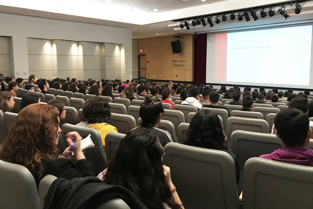 200 Latinx students from four Clark County schools listen to the keynote speech from Dr. Mario Gaspar de Alba, associate dean for diversity and inclusion at UNLV School of Medicine, as part of Lat ...