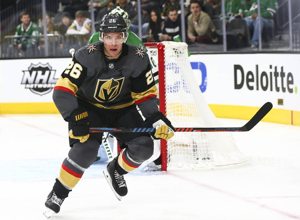 Golden Knights center Paul Stastny (26) chases after the puck during the second period of an NHL hockey game against the Dallas Stars at T-Mobile Arena in Las Vegas on Tuesday, Feb. 26, 2019. (Cha ...
