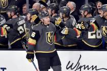 Vegas Golden Knights center Paul Stastny (26) fist bumps his teammates after scoring against the Colorado Avalanche during the first period of an NHL hockey game Thursday, Dec. 27, 2018, in Las Ve ...