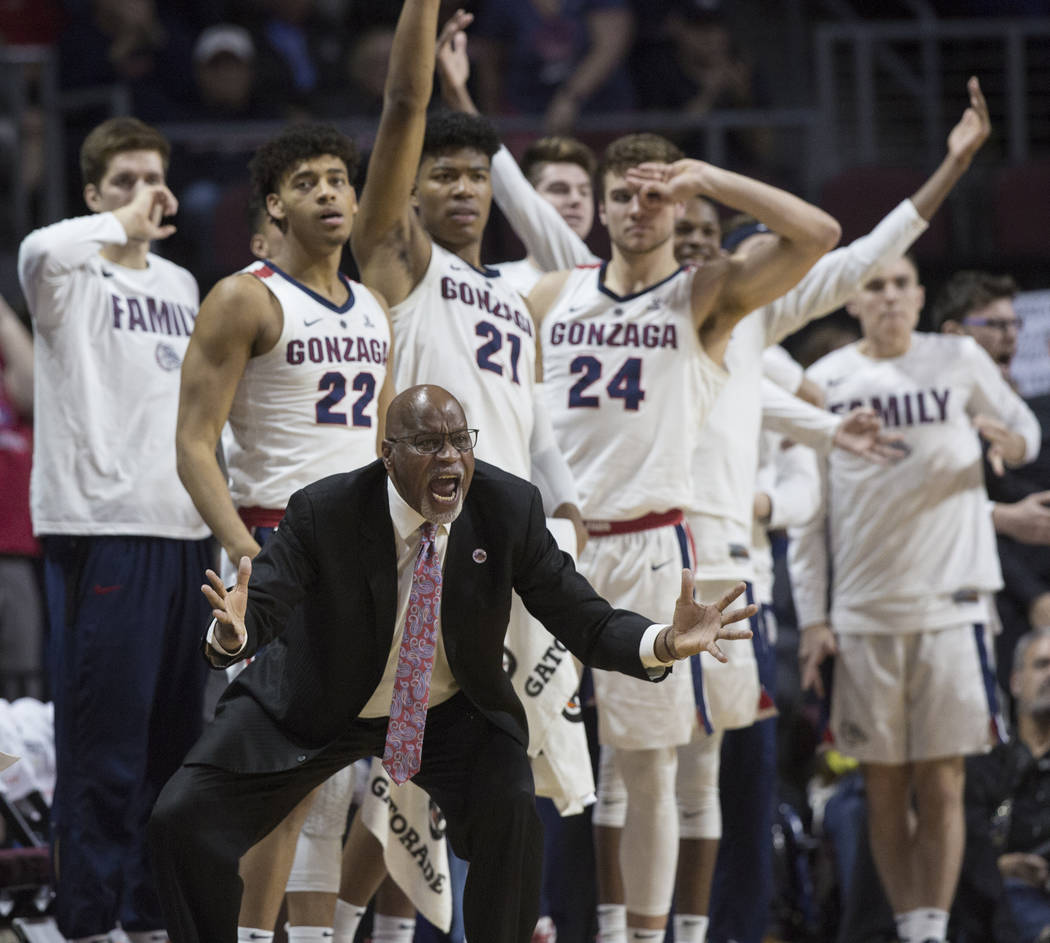 Gonzaga's bench tries to motivate the Bulldogs in the second half during their West Coast Conference finals game with St. Mary's on Tuesday, March 12, 2019, at Orleans Arena, in Las Vegas. St. Mar ...