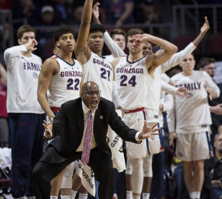 Gonzaga's bench tries to motivate the Bulldogs in the second half during their West Coast Conference finals game with St. Mary's on Tuesday, March 12, 2019, at Orleans Arena, in Las Vegas. St. Mar ...