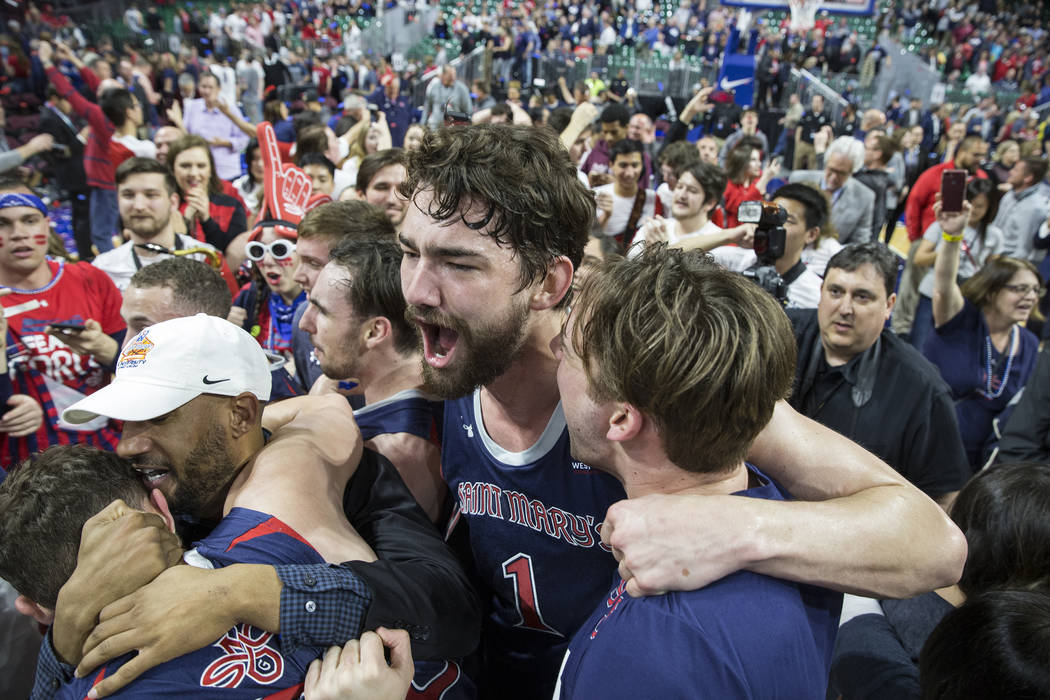 St. Mary's senior center Jordan Hunter (1) celebrates after the Gaels upset Gonzaga 60-47 to win the West Coast Conference championship on Tuesday, March 12, 2019, at Orleans Arena, in Las Vegas. ...