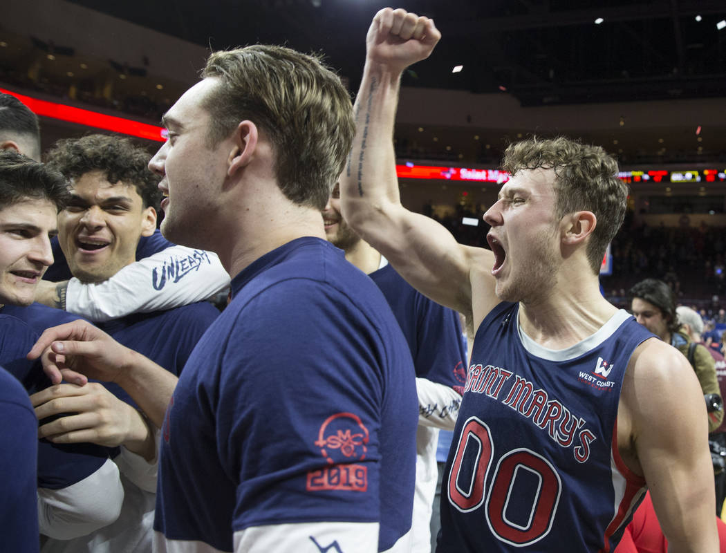 St. Mary's junior guard Tanner Krebs (00) celebrates after the Gaels upset Gonzaga 60-47 to win the West Coast Conference championship on Tuesday, March 12, 2019, at Orleans Arena, in Las Vegas. ...