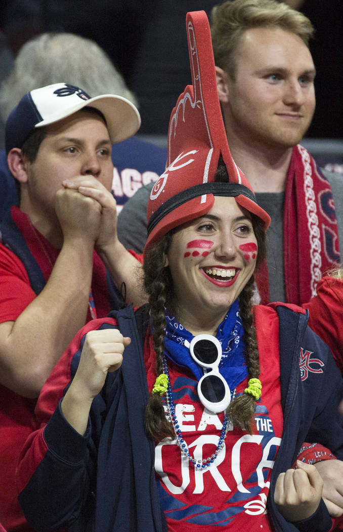 St. Mary's fans cheer for the Gaels in the second half during their West Coast Conference finals game with Gonzaga on Tuesday, March 12, 2019, at Orleans Arena, in Las Vegas. St. Mary's beat Gonza ...