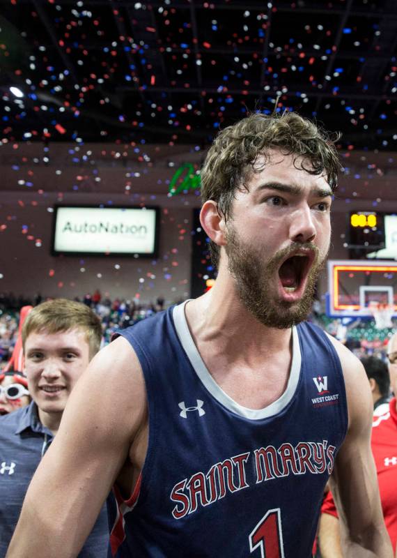 St. Mary's senior center Jordan Hunter (1) celebrates after the Gaels upset Gonzaga 60-47 to win the West Coast Conference championship on Tuesday, March 12, 2019, at Orleans Arena, in Las Vegas. ...
