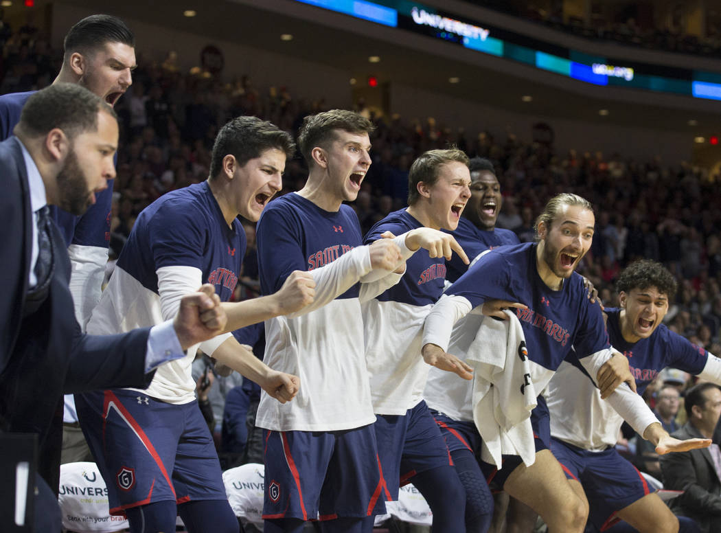 St. Mary's bench erupts in the second half during the Gaels West Coast Conference finals game with Gonzaga on Tuesday, March 12, 2019, at Orleans Arena, in Las Vegas. St. Mary's beat Gonzaga 60-47 ...