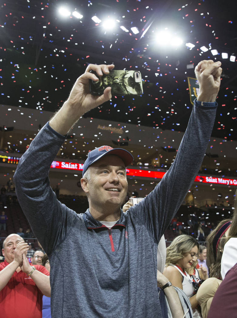 St. Mary's fans celebrate after the Gaels upset Gonzaga 60-47 to win the West Coast Conference championship on Tuesday, March 12, 2019, at Orleans Arena, in Las Vegas. (Benjamin Hager Review-Jour ...