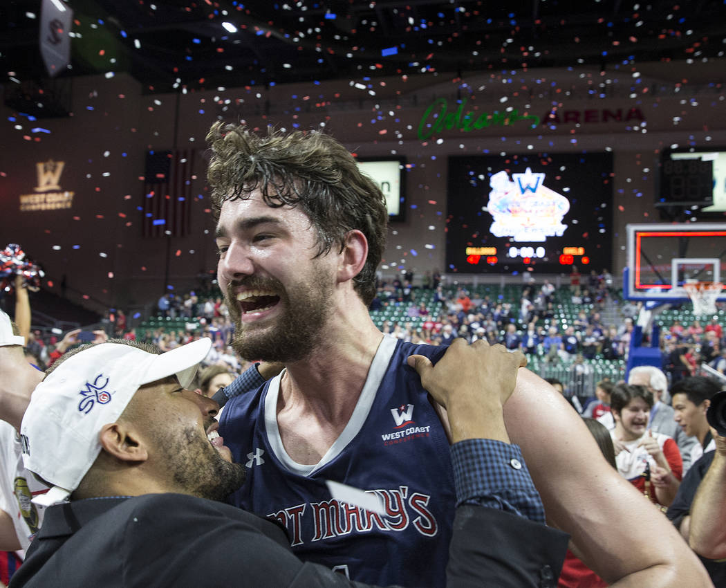 St. Mary's senior center Jordan Hunter (1) celebrates after the Gaels upset Gonzaga 60-47 to win the West Coast Conference championship on Tuesday, March 12, 2019, at Orleans Arena, in Las Vegas. ...