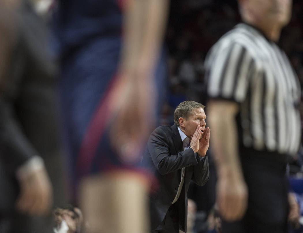 Gonzaga head coach Mark Few calls out a play in the second half during their West Coast Conference finals game with St. Mary's on Tuesday, March 12, 2019, at Orleans Arena, in Las Vegas. St. Mary' ...