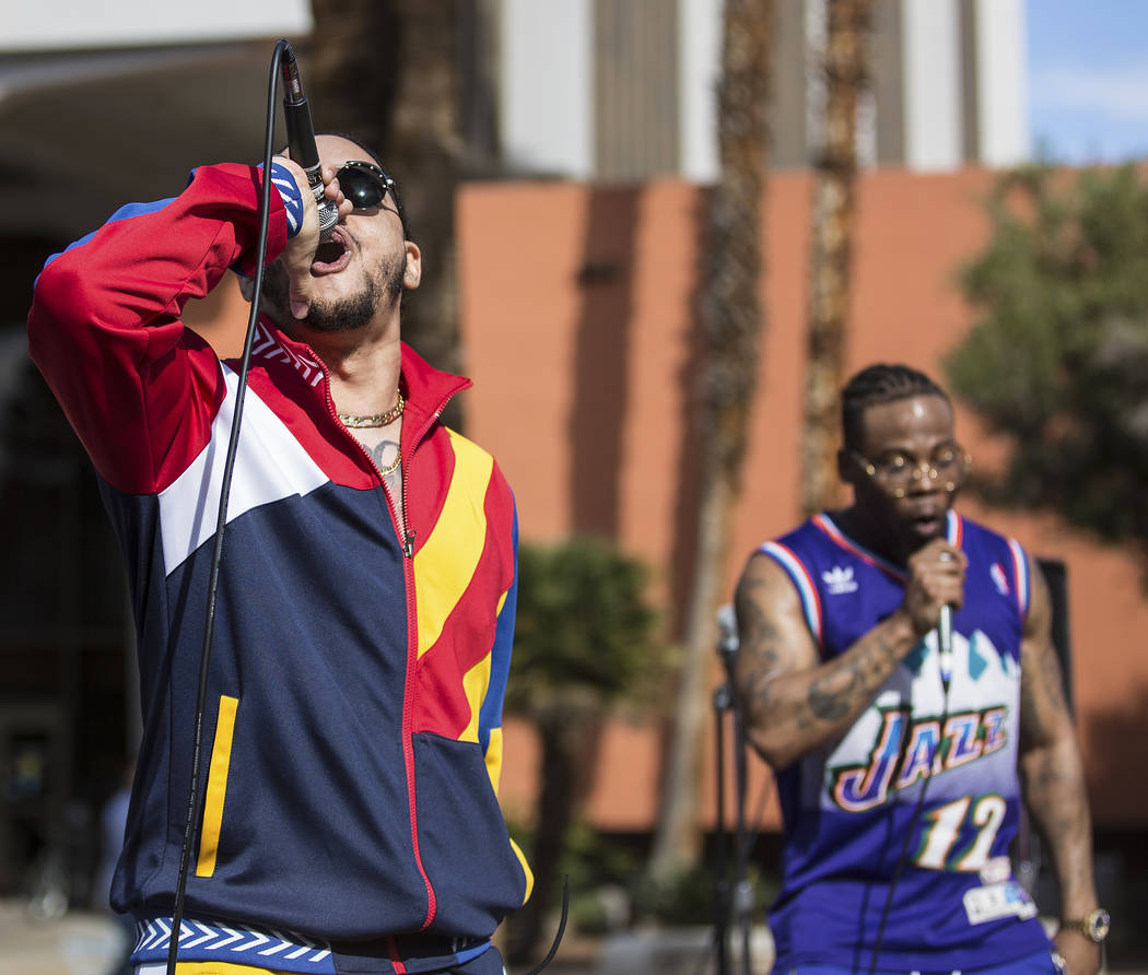 Goliath Cruz, left, and Jovi Jov perform at the RebFest Music Festival on Tuesday, March 12, 2019, at UNLV, in Las Vegas. (Benjamin Hager Review-Journal) @BenjaminHphoto