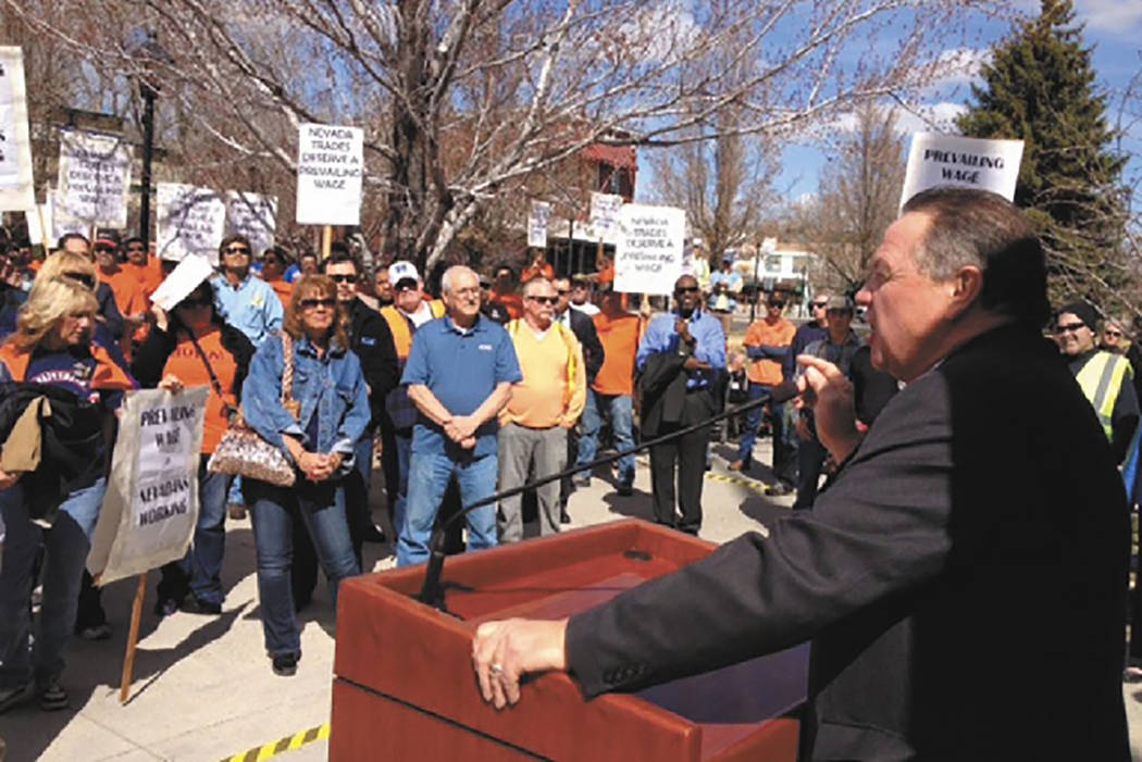 AFL-CIO leader Danny Thompson speaks to protesters who gathered Wednesday outside the Capitol in Carson City to protest changes proposed for Nevadas prevailing wage law.