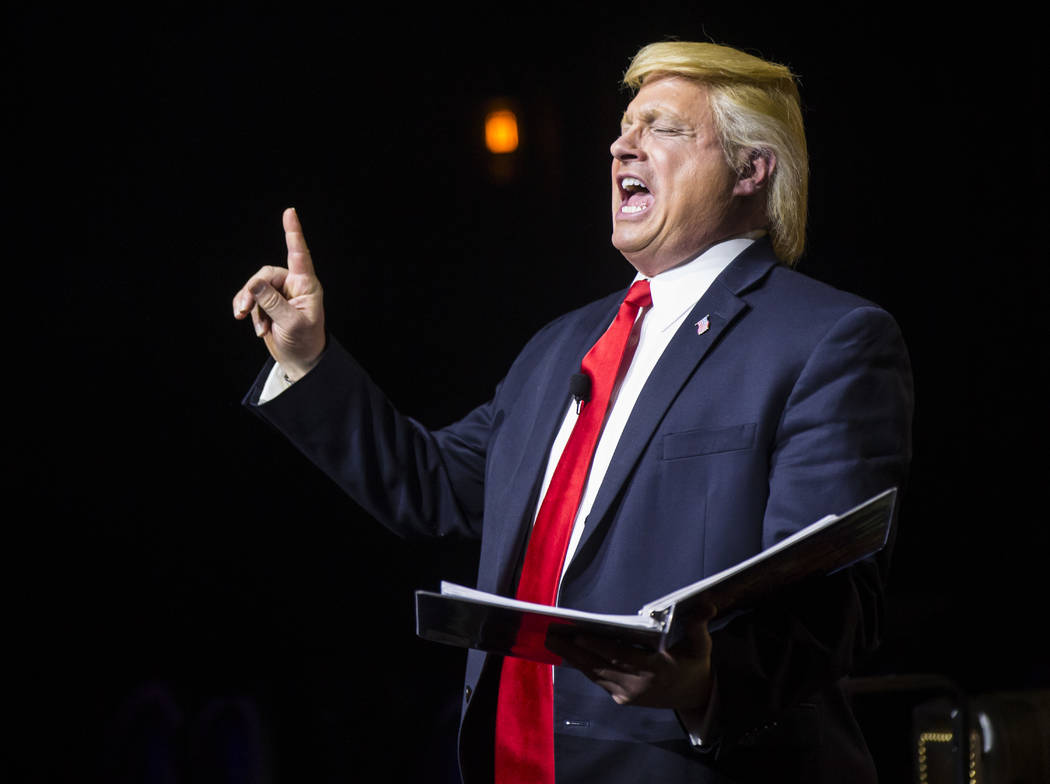 John Di Domenico performs as President Donald Trump during a dress rehearsal of "Ester Goldberg's Totally Outrageous Brunch," slated to open Feb. 23 at The Sayers Club at SLS Las Vegas, Tuesday, F ...