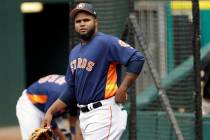 Houston Astros pitcher Francis Martes waits to warm up before a baseball against the Los Angeles Angeles in Houston on June 9, 2017. Martes has been suspended for 80 games following a positive tes ...