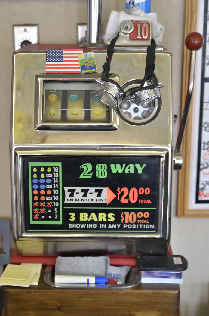 A vintage slot machine is shown in the office of Kenny Epstein, owner of the El Cortez hotel-casino, on the property at 600 E. Fremont St. in Las Vegas on Wednesday, March 6, 2019. (Bill Hughes/La ...