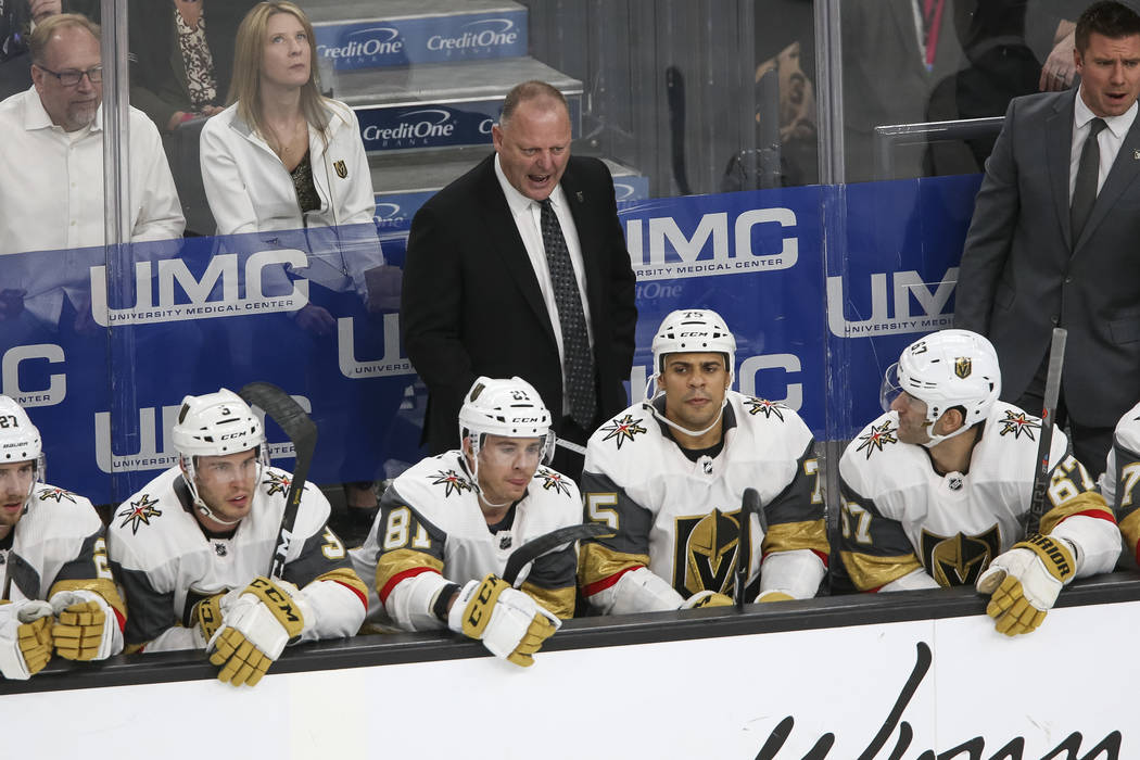 Vegas Golden Knights coach Gerard Gallant talks to his players during the second period of an NHL hockey game against the San Jose Sharks at T-Mobile Arena in Las Vegas on Thursday, Jan. 10, 2019. ...