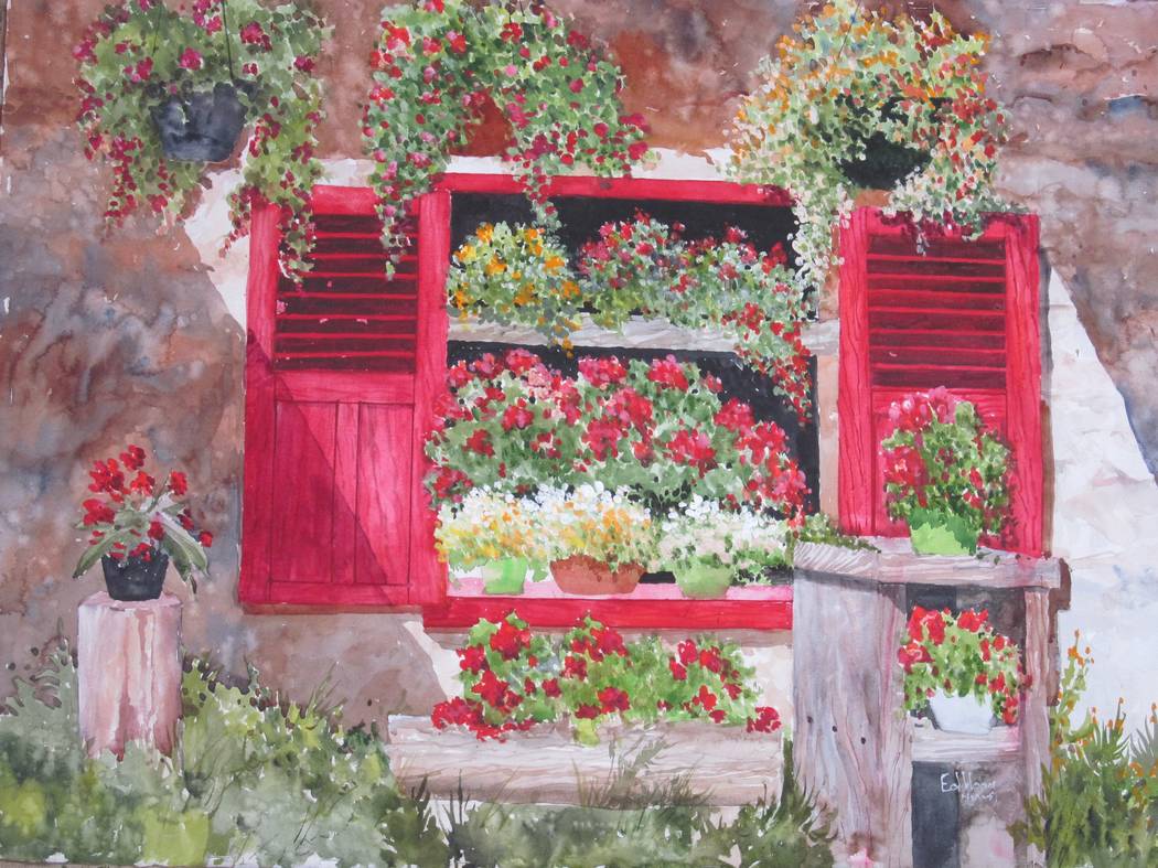 Edwin Hoag "Red Shutters" (Las Vegas Cultural Affairs) Nevada Watercolor Society’s 50th anniversary “Signature Members Show” in the Mayor’s Gallery at Historic Fifth Street School.