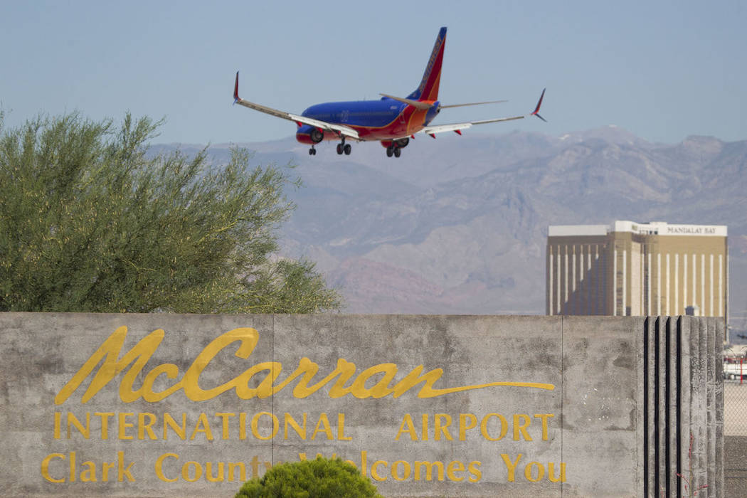 A Southwest Airlines jetliner makes its approach to McCarran International Airport in Las Vegas in 2017. (Las Vegas Review-Journal)