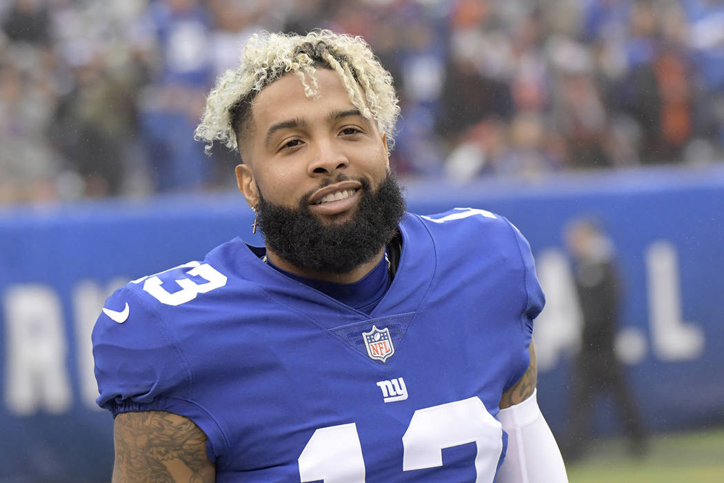Odell Beckham looks on prior to an NFL football game against the Chicago Bears, Sunday, Dec. 2, 2018, in East Rutherford, N.J. (AP Photo/Bill Kostroun)