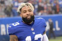 Odell Beckham looks on prior to an NFL football game against the Chicago Bears, Sunday, Dec. 2, 2018, in East Rutherford, N.J. (AP Photo/Bill Kostroun)