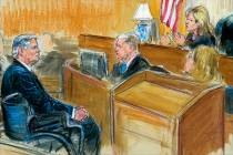 This courtroom sketch shows Paul Manafort listening to Judge Amy Berman Jackson in the U.S. District Courtroom during his sentencing hearing, in Washington, Wednesday, March 13, 2019. (Dana Verkou ...