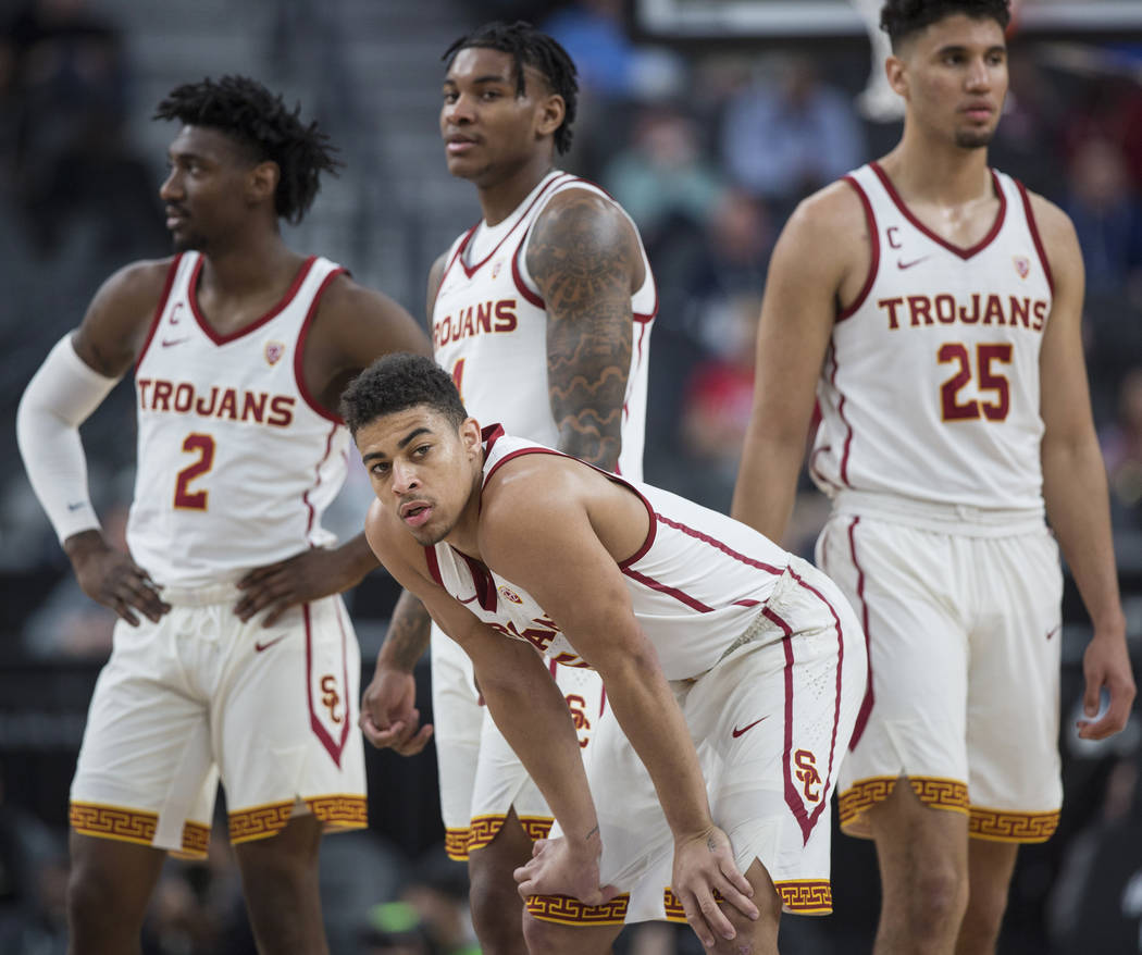 USC junior guard Derryck Thornton, front/middle, a Findlay Prep graduate, waits for a play call in the first half during the Pac-12 tournament on Wednesday, March 13, 2019, at T-Mobile Arena, in L ...