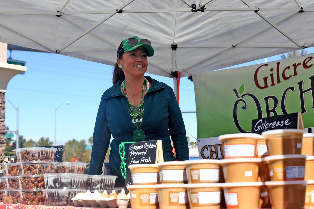 Carrie Hogan, founder of the Fresh52 farmers and artisans market, at a booth representing Gilcrease Orchard and China Ranch Date Farm at the Fresh52 farmers and artisans market in Las Vegas, Sunda ...