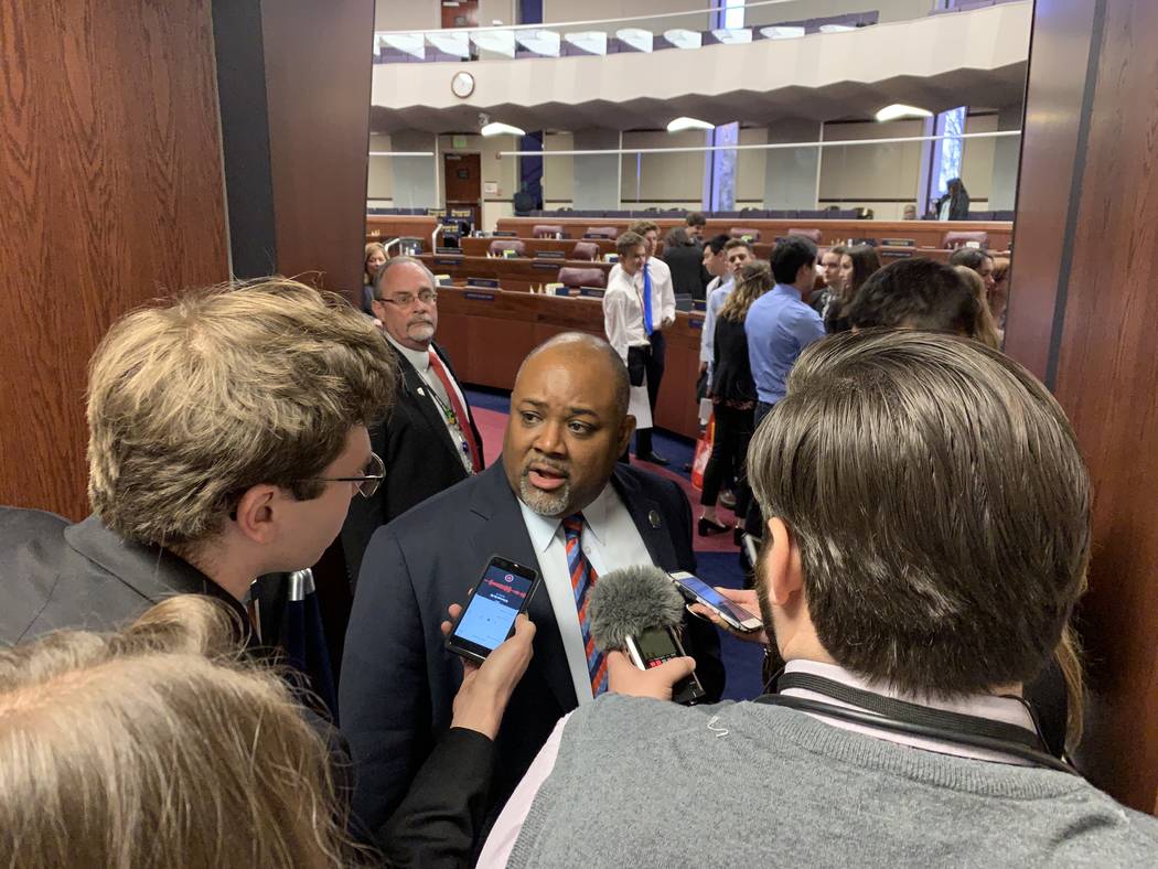 Assembly Speaker Jason Frierson speaks to reporters after session Thursday on the resignation of Assemblyman Mike Sprinkle, D-Sparks, over sexual harassment claims. (Bill Dentzer/Las Vegas Review ...