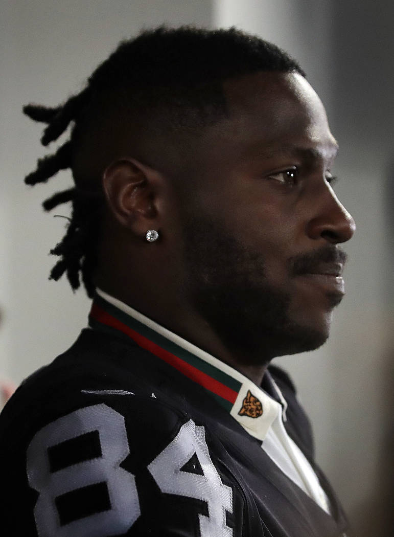 Oakland Raiders wide receiver Antonio Brown answers questions during the NFL football team's news conference Wednesday, March 13, 2019, in Alameda, Calif. (AP Photo/Ben Margot)