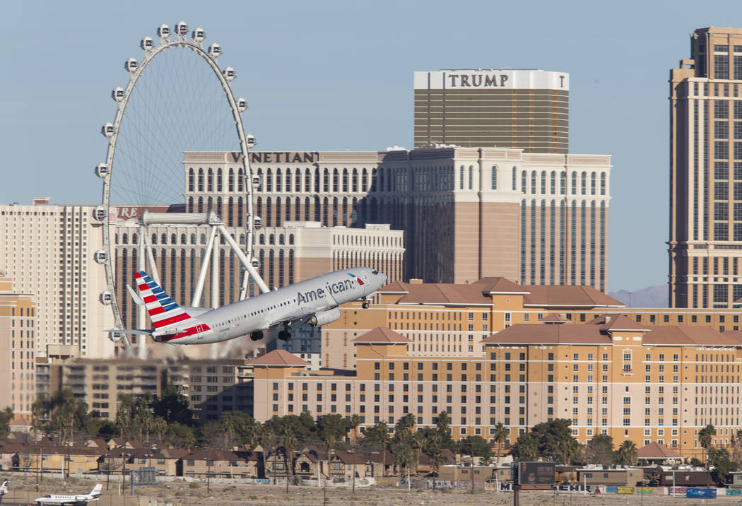 An American Airlines flight departs McCarran International Airport in Las Vegas, Sunday, January 28, 2018. Richard Brian/Las Vegas Review-Journal @vegasphotograph