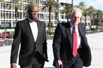 Former Nevada Senate Majority Leader Kelvin Atkinson, left, and his attorney, Richard Wright, arrive at the Lloyd George U.S. Courthouse on Monday, March. 11, 2019, in Las Vegas. Bizuayehu Tesfaye ...