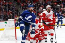 Tampa Bay Lightning's Nikita Kucherov celebrates his goal against the Detroit Red Wings in the third period of an NHL hockey game, Thursday, March 14, 2019, in Detroit. Tampa Bay won 5-4. (AP Phot ...